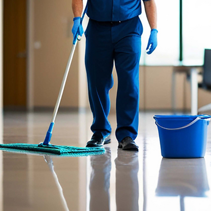 Janitorial SuppliesA janitor mopping a facility floor.