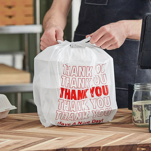 Choice 1/8 Small Size White Thank You Standard-Duty Plastic T-Shirt Bag