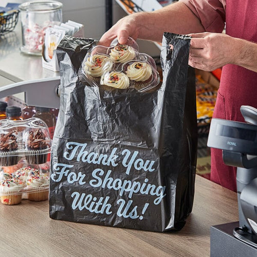 Choice 1/5 Large Size Black Thank You Script Heavy-Duty Plastic T-Shirt Bag