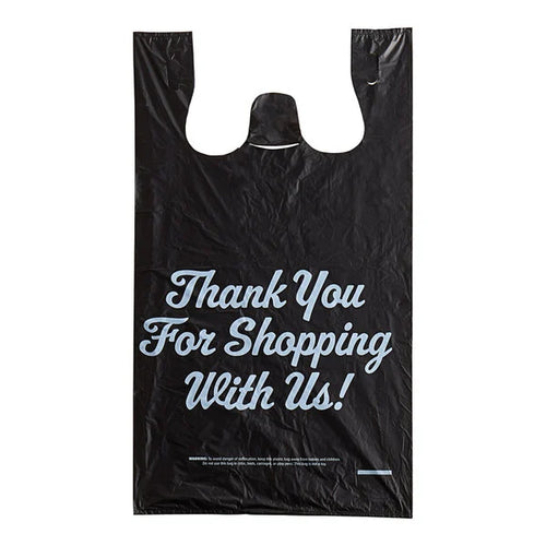 Choice 1/5 Large Size Black Thank You Script Heavy-Duty Plastic T-Shirt Bag
